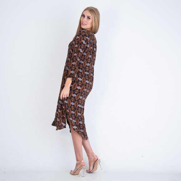 One Season Papy Abstract Print Split V Neck Midi Beach Dress Brown SZ XS - Picture 4 of 16